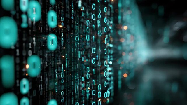 Visual representation of digital binary code matrix illustrating an abstract concept of data flow and technology in a futuristic environment
