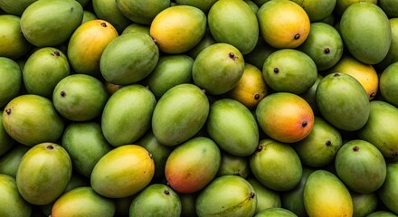Abundant Pile of Fresh Green and Yellow Mangoes Ready for Consumption