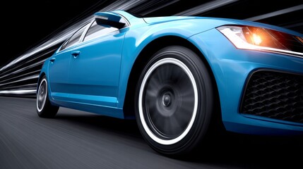 Naklejka premium Dynamic blue sedan speeding on a blurred road, showcasing sleek design and modern features, with motion lines emphasizing speed and performance in a captivating automotive scene