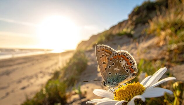 Close up of a colorful butterfly with intricate patterns resting on a white daisy flower with a blurred beach and ocean sunset background during golden hour