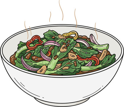 steaming bowl of green vegetables and peppers clip art preview