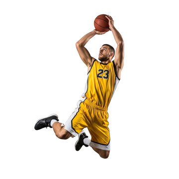 Athletic basketball player in mid air with ball preparing for a powerful slam dunk isolated on transparent background