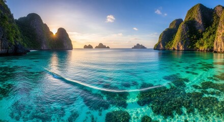 Stunning panoramic view of a tropical bay with turquoise waters, cliffs, and the setting sun