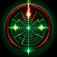 Dynamic radar screen with bright green signals and red border captures targets, symbolizing advanced technology and detection