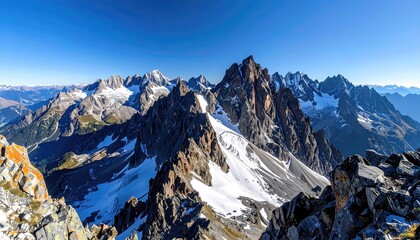 Jagged Rocky Mountain Peaks With Patches Of Snow Under A Clear Blue Sky With Side Lighting