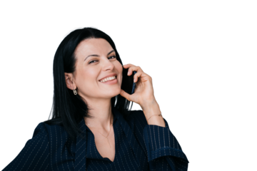 Beautiful Hispanic cheerful woman in dark blue suit talks by phone looks at camera against transparent background