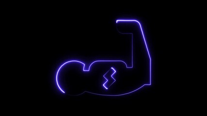 Neon bicep flex symbol glowing purple light abstract background strength power energy fitness muscle gym workout concept