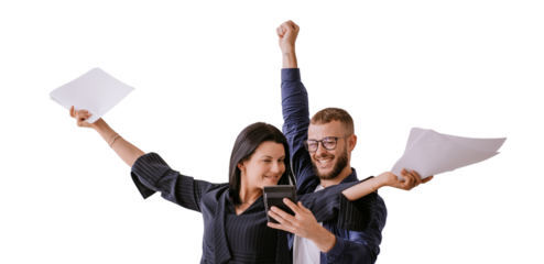 Two professionals celebrate a success with papers and digital tablet on transparent background