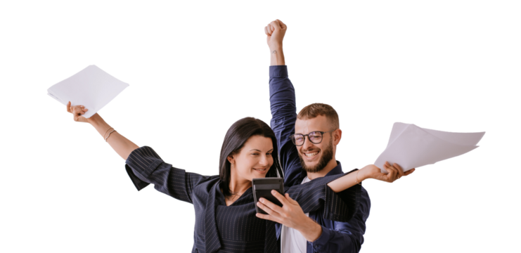 Two professionals celebrate a success with papers and digital tablet on transparent background