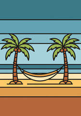 Fototapeta premium Minimalist graphic illustration featuring two palm trees with a hammock on a striped background, symbolizing tropical relaxation and vacation.