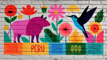 Obraz premium Colorful mural featuring a vibrant pink cow, a hummingbird, and a variety of flowers, showcasing artistic expression and cultural elements, celebrating the essence of Peru through visual storytelling