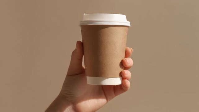 Hand holding ecofriendly coffee cup against plain background for branding concept