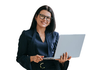 Confident American young businesswoman in suit standing on transparent background with laptop looks at camera