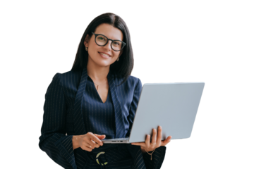 Confident American young businesswoman in suit standing on transparent background with laptop looks at camera