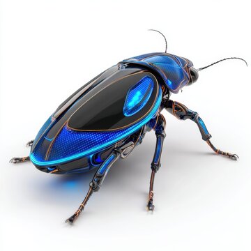 A futuristic robotic insect with glowing blue accents and black exoskeleton isolated on white background