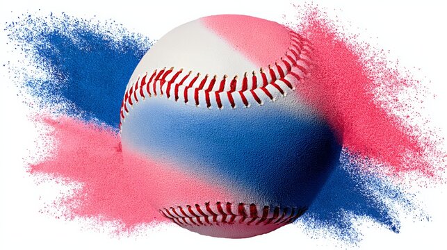 Colorful baseball with pink and blue powder splashes surrounding it, showcasing dynamic motion and vibrant colors, perfect for sports-themed designs and creative projects with energetic flair