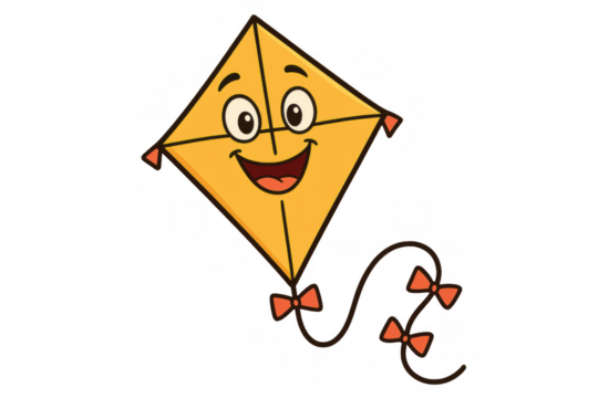 Yellow cartoon kite flying with a happy smiling face and orange bows on a transparent background