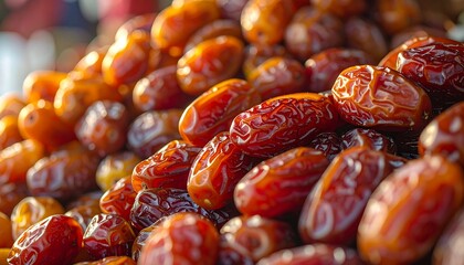 Pile of fresh, glossy, wrinkled, reddish-brown dates, tightly packed and heaped, catching light