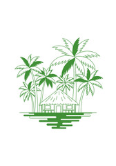 Obraz premium Stylized green illustration of a tropical hut surrounded by palm trees on an island, evoking a serene vacation or beach resort scene.