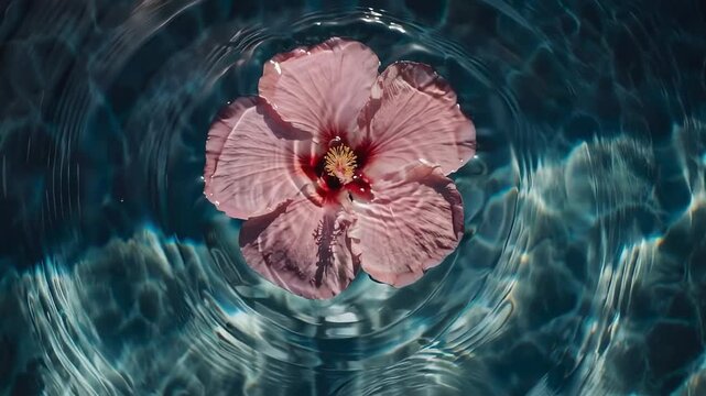 Single Pink Hibiscus Flower Floating Calmly On Rippling Blue Water Surface With Sunlight Reflections