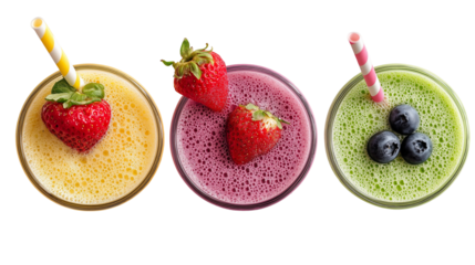 Aerial view of three colorful smoothies with straws and fruit toppings on a black background