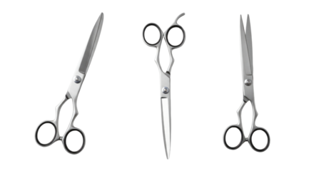 Three distinct types of professional scissors including barber shears hair cutting scissors and grooming shears isolated on transparent background