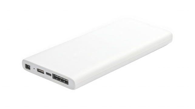 White power bank for charging electronic devices shot on transparent background