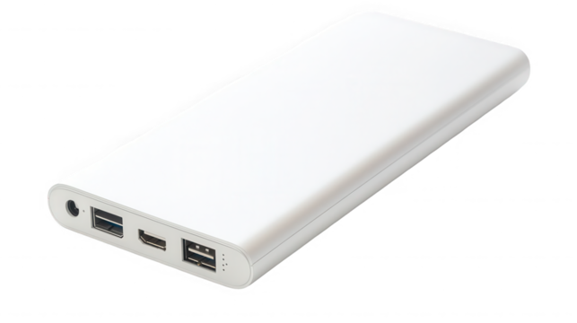 White portable power bank with multiple ports for charging electronic devices on transparent background