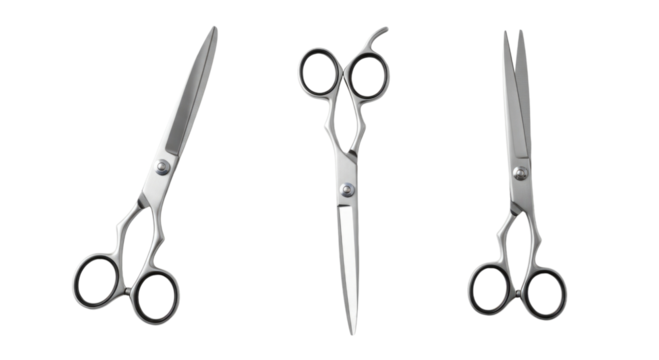 Three distinct types of professional scissors including barber shears hair cutting scissors and grooming shears isolated on transparent background