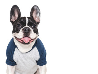 Stylish puppy and t-shirt. Dog smile