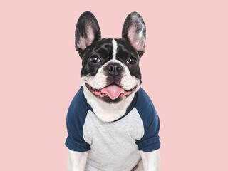 Stylish puppy and t-shirt. Dog smile