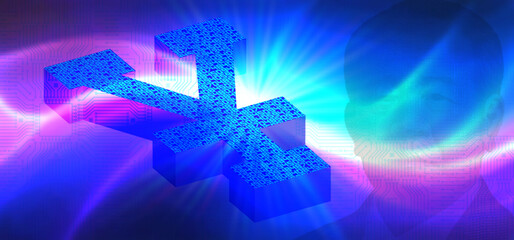 Vector 3D financial technology poster. Japanese digital yen symbol. Bright, glowing, futuristic computer abstract background. Dense grid. Japan. State central bank blockchain