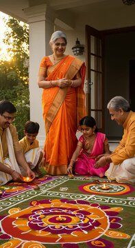 Indian family with grandmother, man, woman, boy, and girl celebrating Diwali, lighting diya lamps on a colorful rangoli, traditional festival footage
