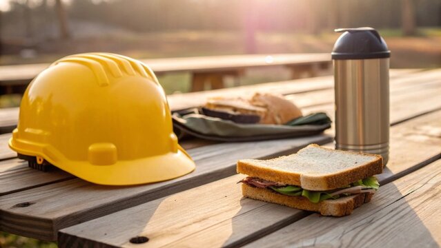 Lunch break gear hard hat and gloves on picnic table with sandwich and thermos outdoor worksite setting