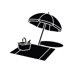 Beach picnic silhouette icon vector. summer vacation umbrella mat basket bottle graphic. isolated on white background, Vector