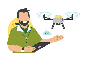 Smart farmer operating agricultural drone with IoT device. Concept for Agri-tech. Flat character illustration isolated on white background