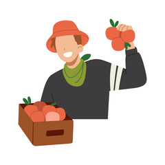 Fruit farmer carrying a wooden crate of apples. Flat character illustration isolated on white background