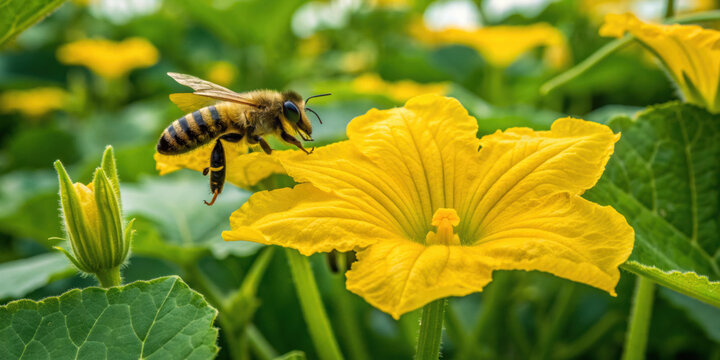Diligent bee on yellow flower highlights pollination crucial process for food production and beautiful symbol of nature contribution to food sovereignty
