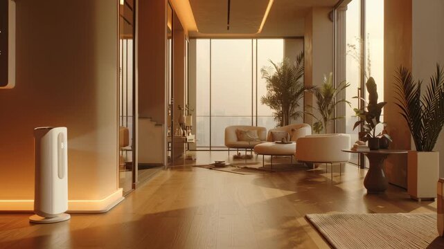 Macro view of AI rebalancing humidity and thermal comfort using autonomous home wellness engine, cinematic science vision, smart home wellness system