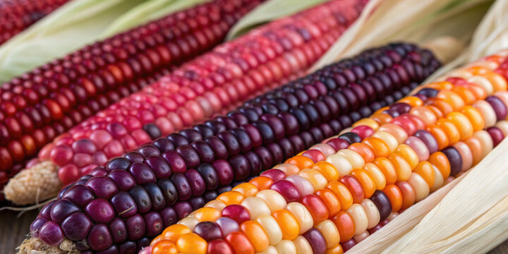Rows of ornamental flint corn with diverse kernels show agricultural abundance. This beautiful raw vegetable represents an autumn harvest and food sovereignty for healthy diet - Powered by Adobe