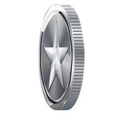 Silver Coin With Star Emblem On Transparent Background With Metallic Texture And Edged Rim