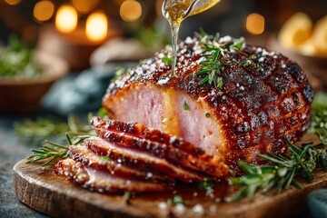 Thanksgiving Ham: A close-up of a carved juicy roasted thanksgiving ham, with the slices falling onto a serving platter. Glazed ham.