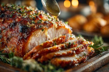 Thanksgiving Ham: juicy carved roasted thanksgiving ham, with the slices falling onto a serving platter. Glazed ham.