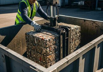 Recycling worker manages compressed waste bales using machinery outdoors