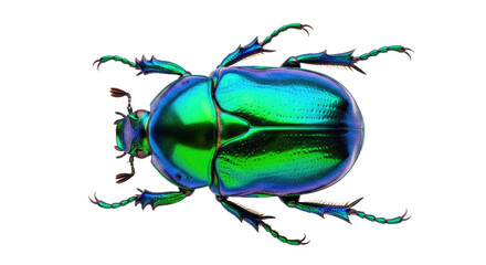 Detailed macro photograph of a vibrant iridescent green and blue scarab beetle with intricate legs and antennae isolated on transparent background