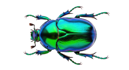 Detailed macro photograph of a vibrant iridescent green and blue scarab beetle with intricate legs and antennae isolated on transparent background