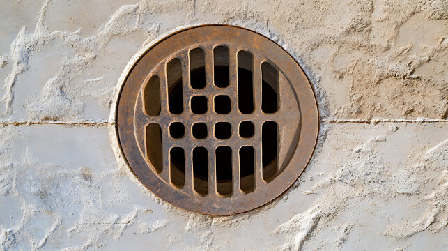 Close-up of a round, rusty drainage grate set into a textured concrete wall. The grate features a grid pattern with rectangular and square openings. Dark hole in the center.