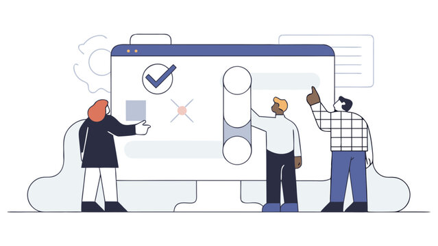 Vector illustration of a diverse team collaborating on a project, customizing settings and making choices on a large computer screen interface for business development