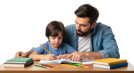 Father and son diligently working on homework together at a wooden table with books and pencils isolated on transparent background