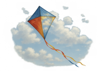 Colorful kite flying through a cloudy sky, representing freedom, childhood imagination, and dreams, with a transparent background